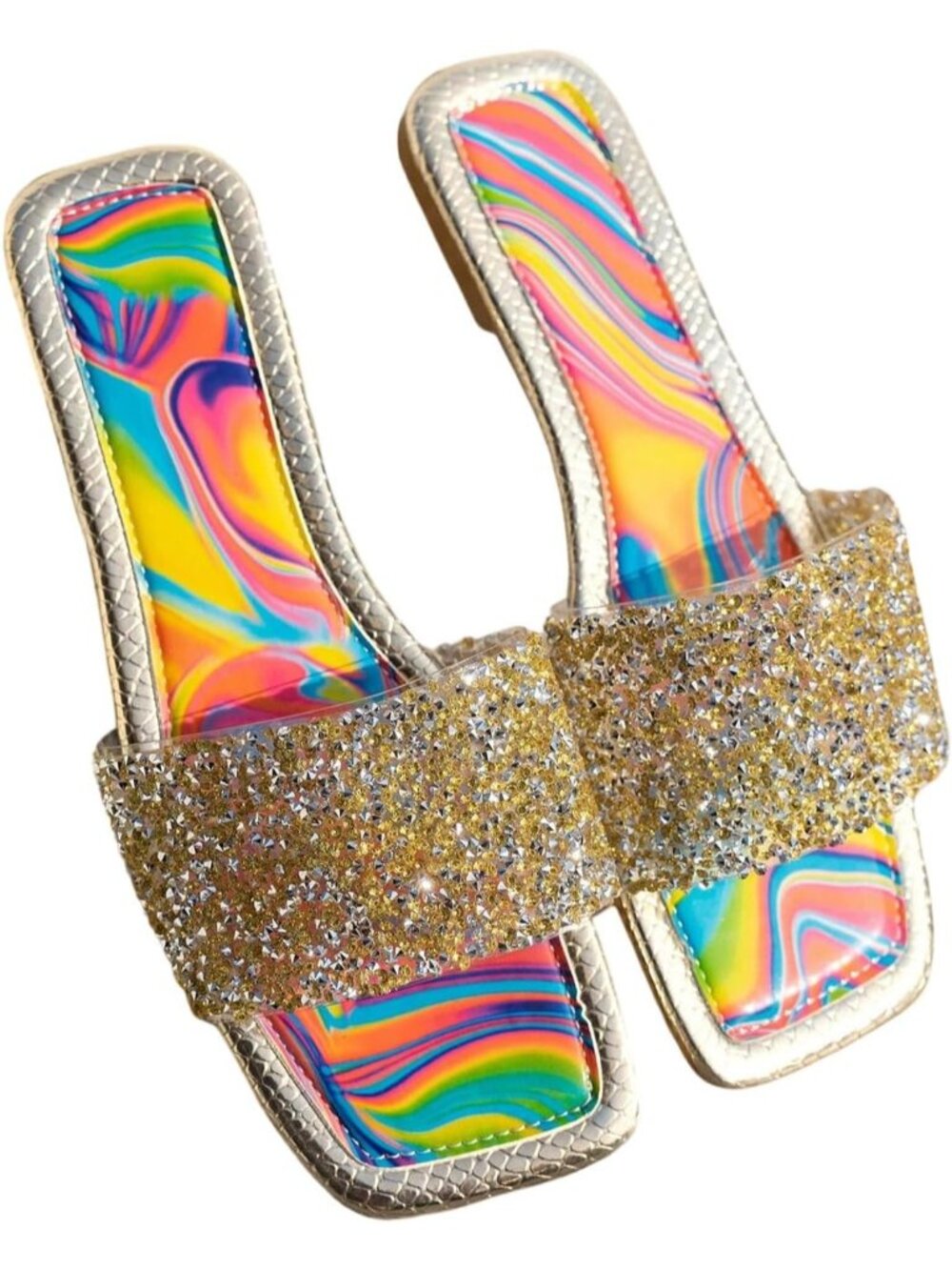 🆕Women's Gold 1 Rhinestone Rainbow Flat Sandals Sparkly Bling Slides Glitter